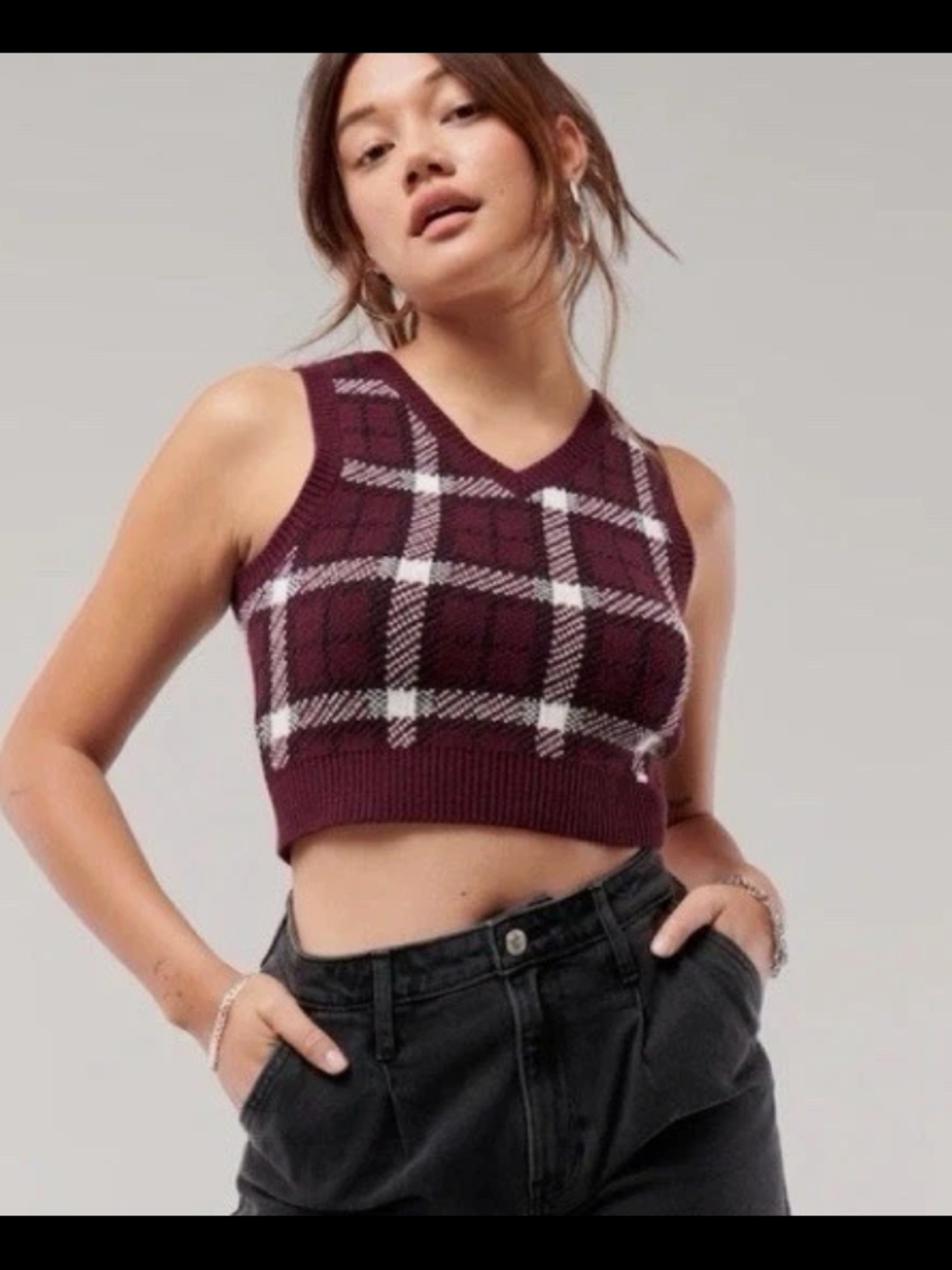 Hollister Burgundy Plaid Cropped V-Neck Sweater Tank NWT